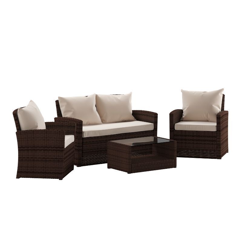 Brown and Beige 4-Piece Rattan Patio Set with Cushions