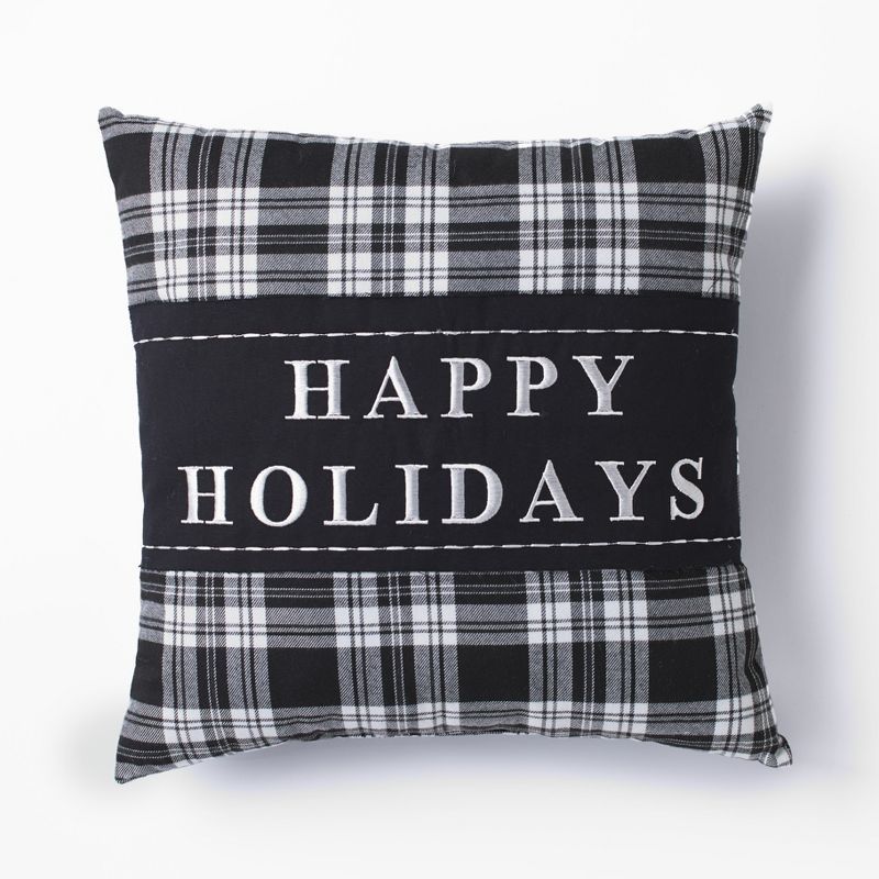 Happy Holidays Black and Gray Plaid 16" Throw Pillow