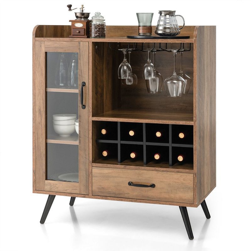 Rustic Brown Wood Bar Cabinet with Wine Rack and Glass Holder