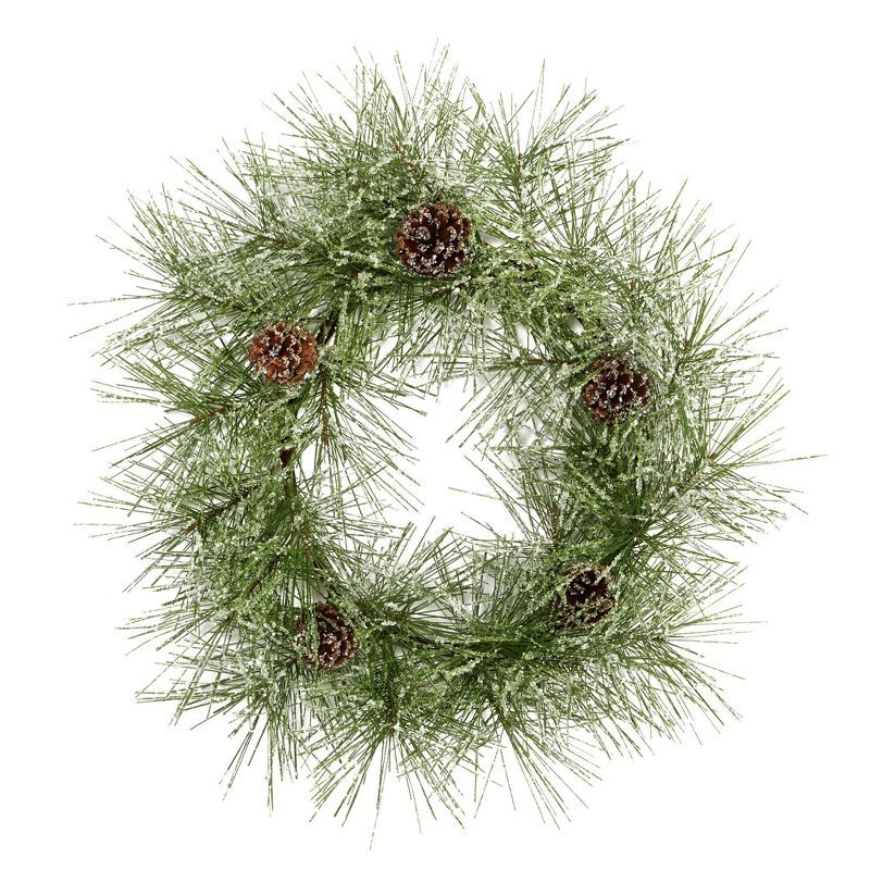 24" Green and Brown Artificial Pine Wreath with Snow