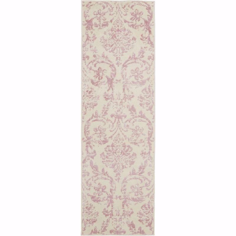 Ivory and Pink Synthetic Runner Rug with Damask Design
