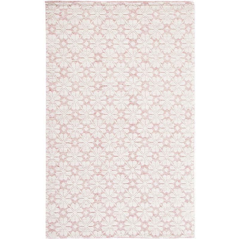 Ivory and Red Hand-Knotted Wool 6' x 9' Area Rug