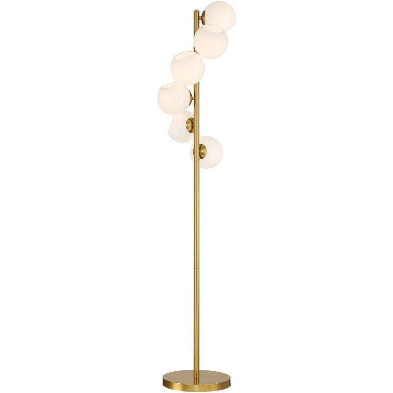 67" Brass and White Glass Globe Tree Floor Lamp