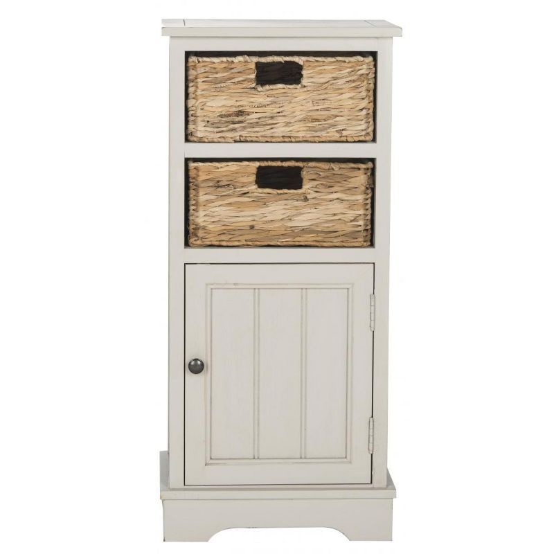 Vintage Grey Pine Wood Accent Cabinet with Wicker Baskets