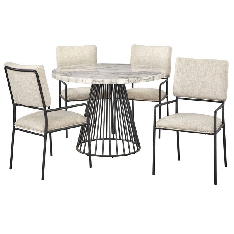 Indra 5-Piece Cream Faux Marble Dining Set with Black Metal Base