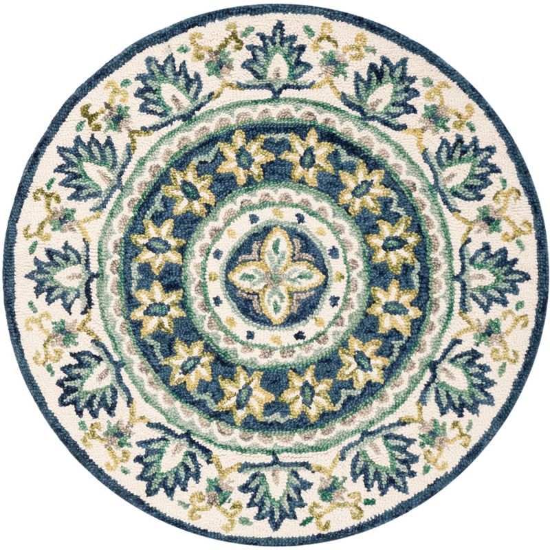 Ivory and Blue Floral Round Wool Area Rug