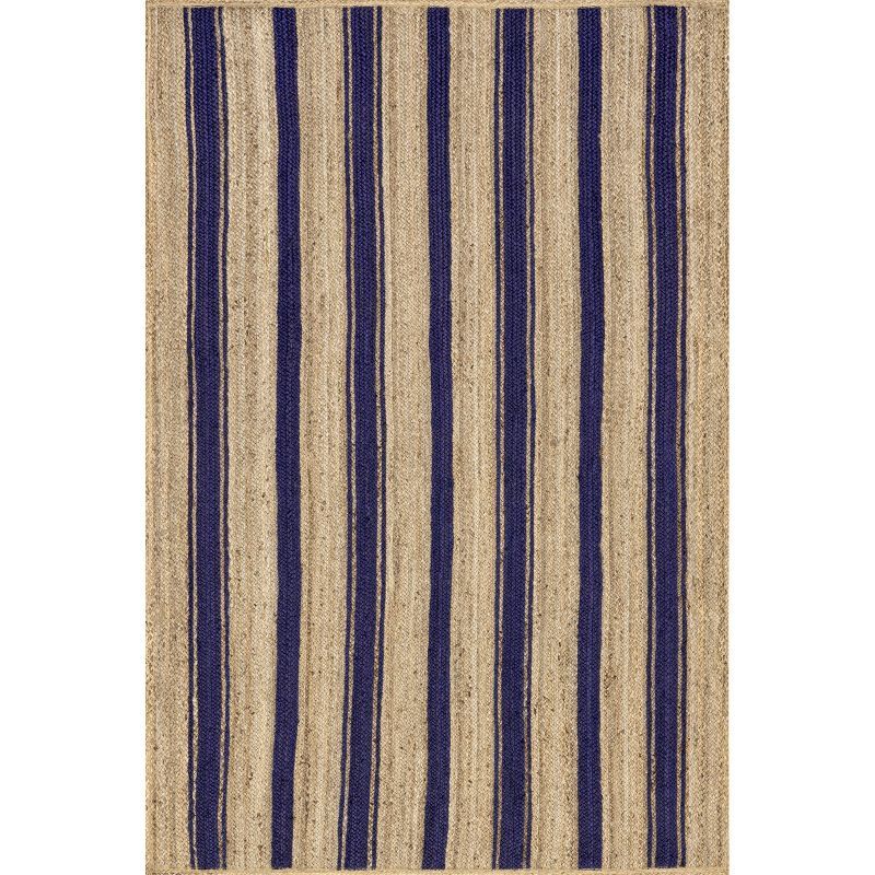 Handmade Royal Blue Striped Jute Rectangular Rug