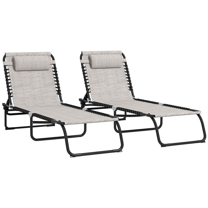 Set of 2 Cream White Folding Chaise Lounge Chairs with Mesh and Bungee Seat