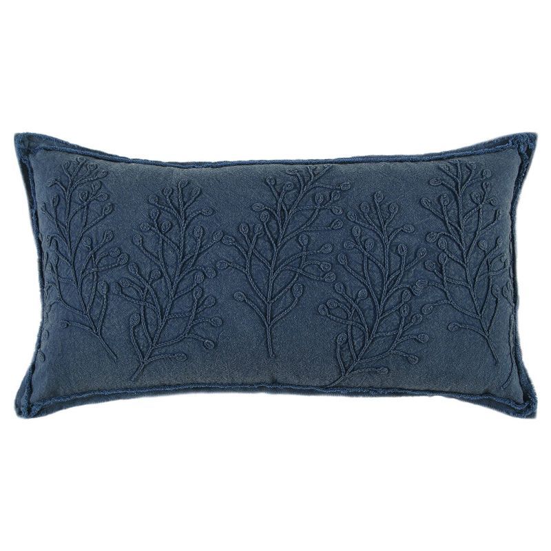 Navy Embroidered Cotton Lumbar Pillow with Knife Edge - Set of 2