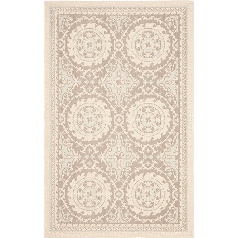 Beige and Dark Beige Floral Motif Rectangular Outdoor Area Rug