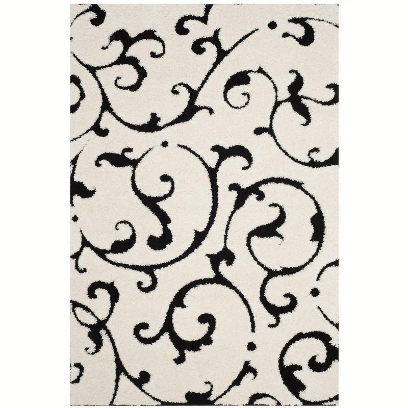 Ivory and Black Floral Shag Area Rug