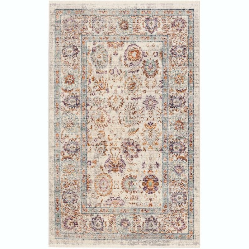 Cream and Purple Hand-Knotted Rectangular Viscose Area Rug