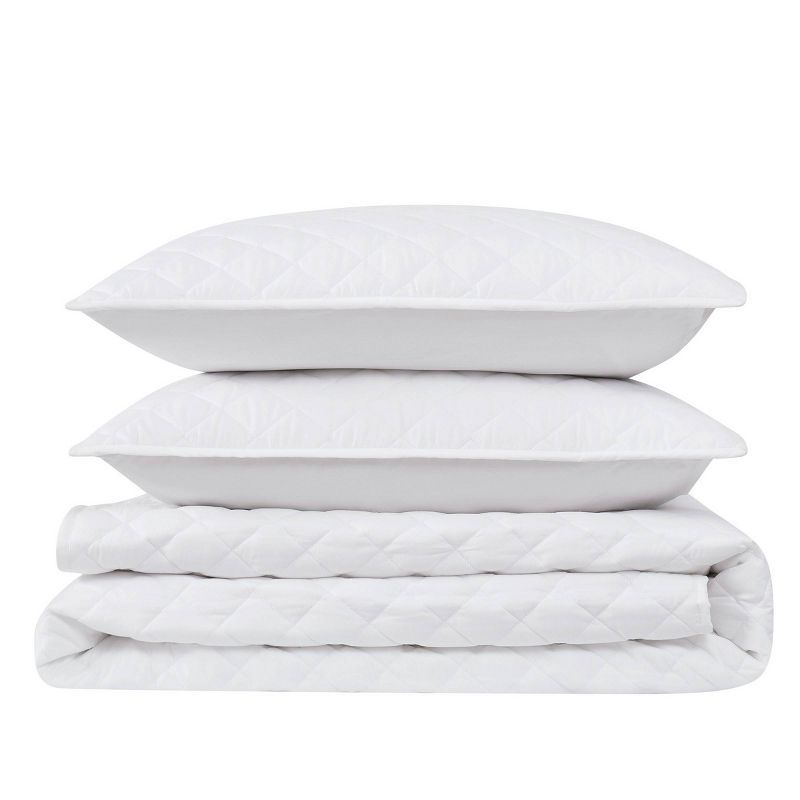 Luxurious White Cotton King Quilt Set with Diamond Stitching