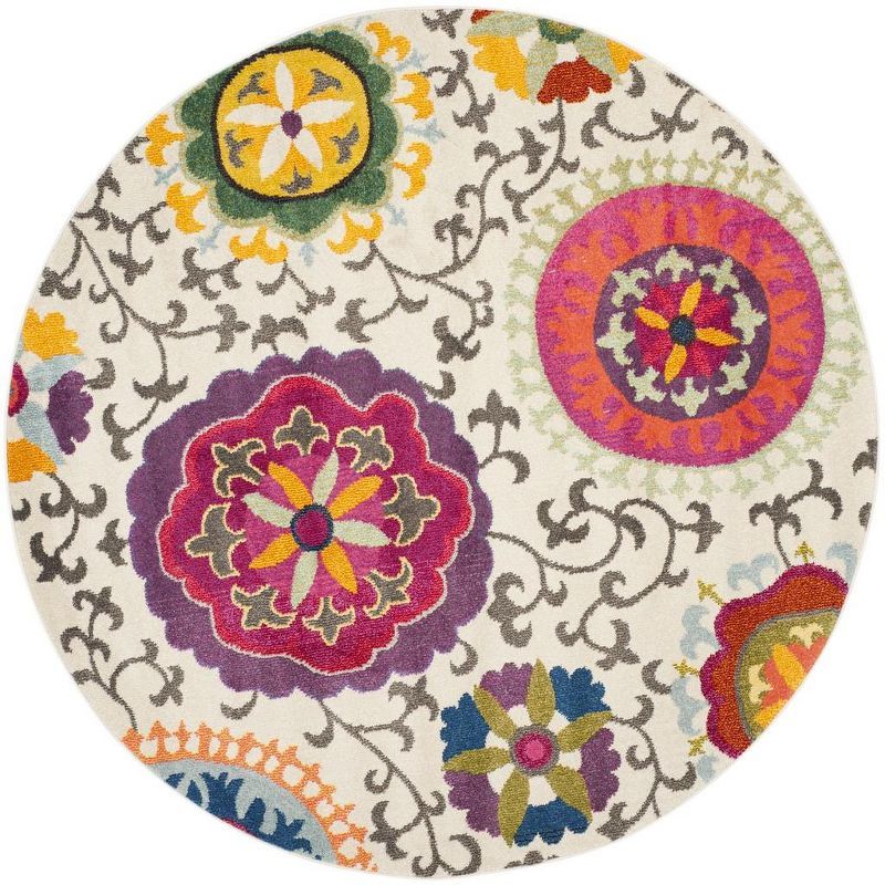 Ivory Floral Memory Foam Round Rug with Easy Care Synthetic