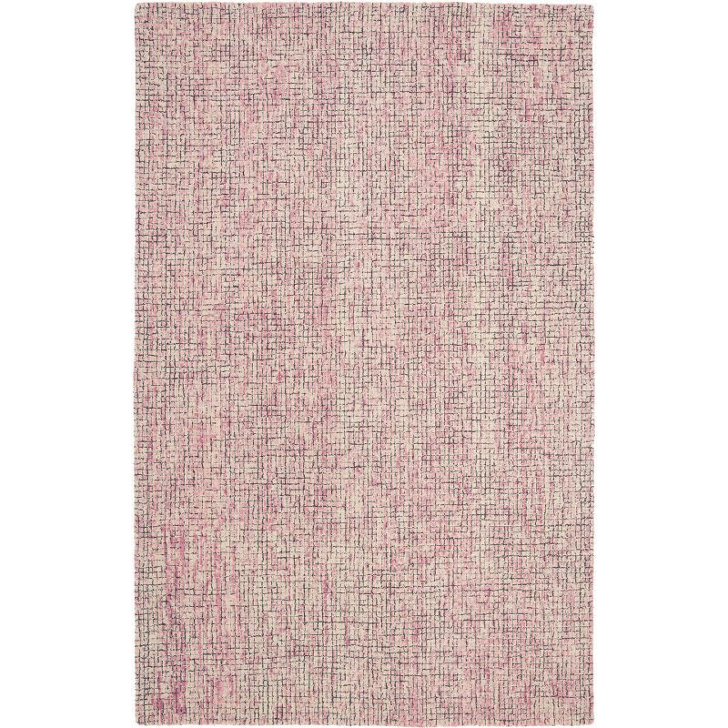 Ivory and Pink Abstract Handmade Wool Area Rug 5' x 8'