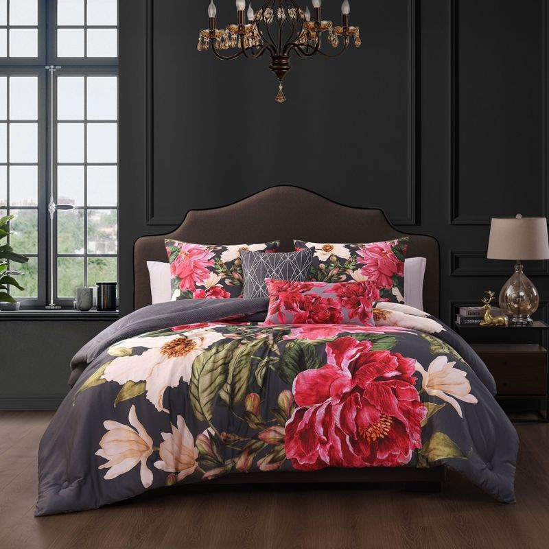 Gray Floral Cotton Queen Reversible Comforter Set