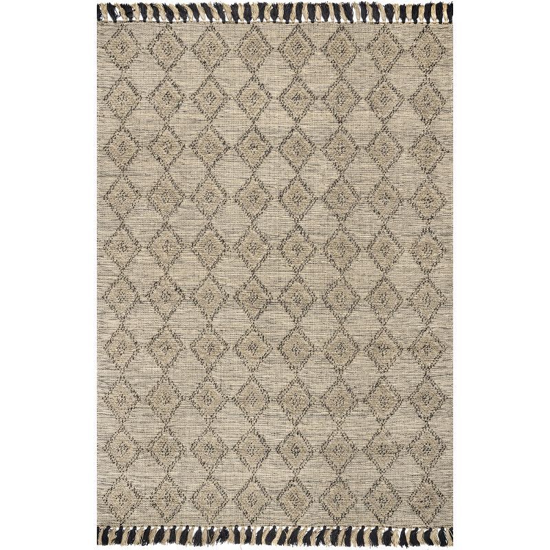 Handcrafted Beige Cotton Diamond Tassel Rug, 8' x 10'