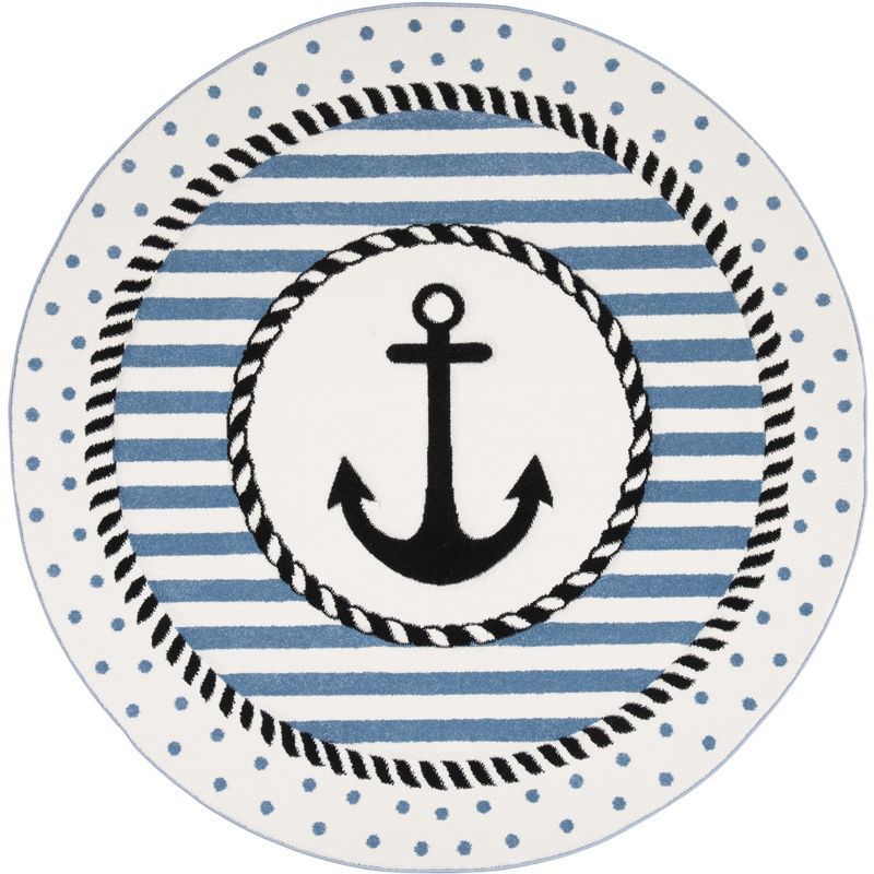 Ivory and Navy Round Anchor Kids Area Rug