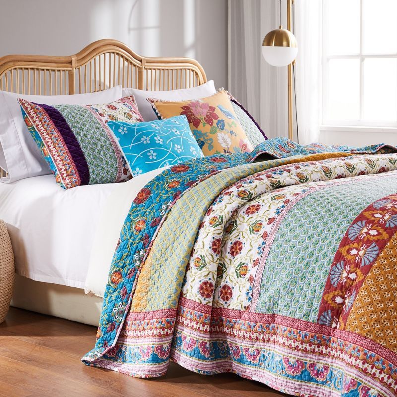 Thalia Full Blue Cotton Reversible Quilt Set with Embroidery