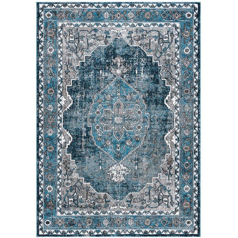 Vintage Blue and Ivory Synthetic 8' x 10' Hand-Knotted Area Rug