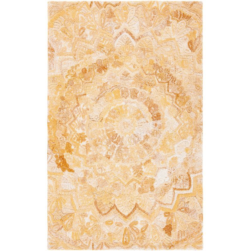 Yellow and Ivory Hand-Tufted Wool Mandala Rug, 3' x 5'