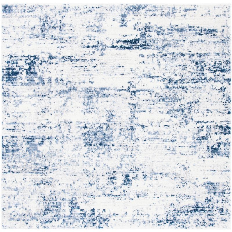 Ivory and Navy Abstract Reversible Square Synthetic Rug