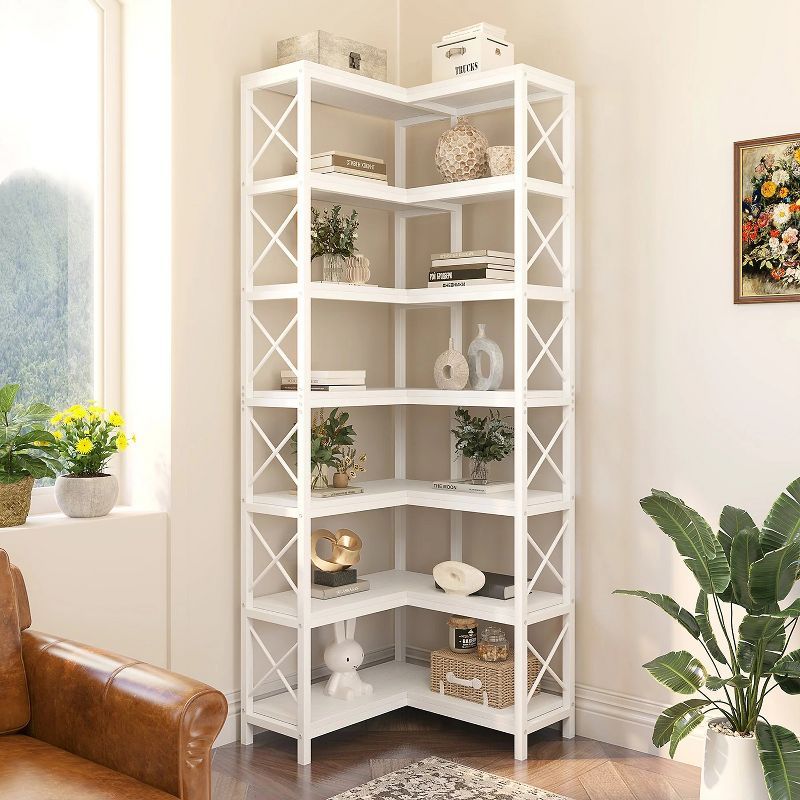 White 7-Tier Adjustable Corner Bookshelf with Metal Frame