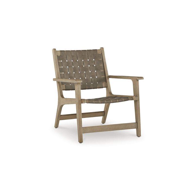 Beige Leather and Wood Woven Accent Chair