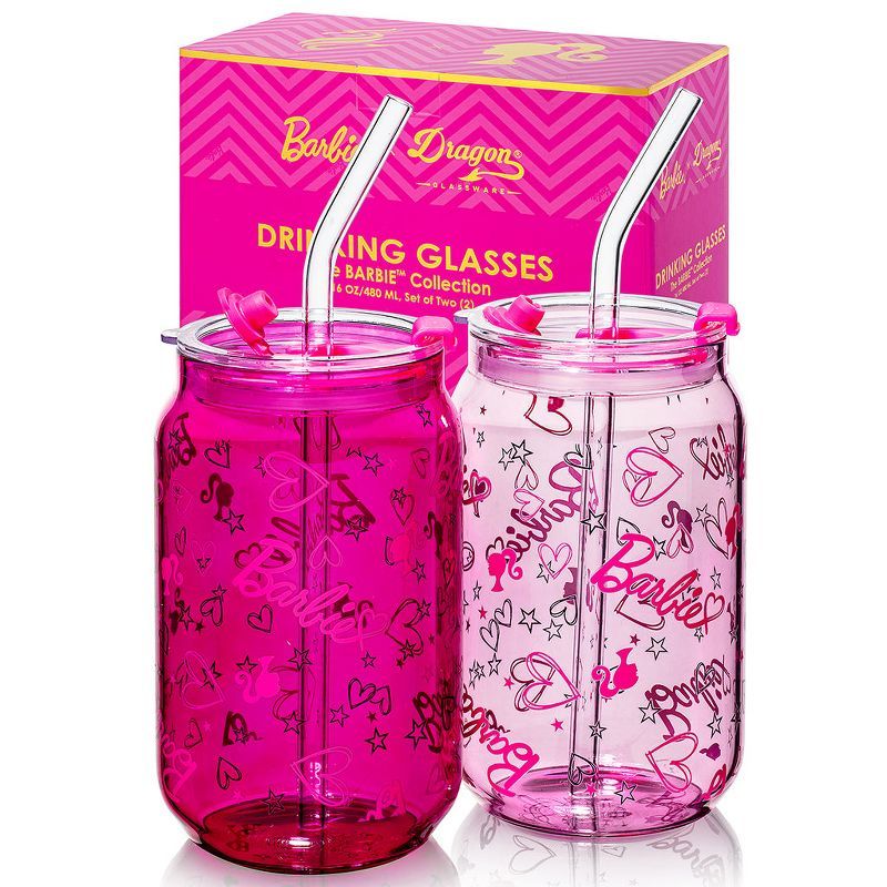 Barbie Pink and Magenta Glass Tumblers with Lids and Straws, Set of 2