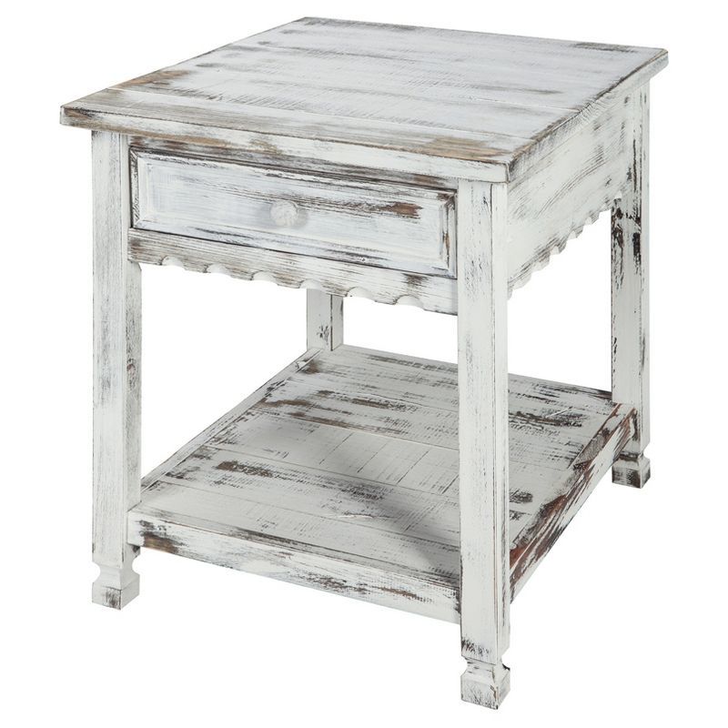 Rustic White Wood and Metal End Table with Storage