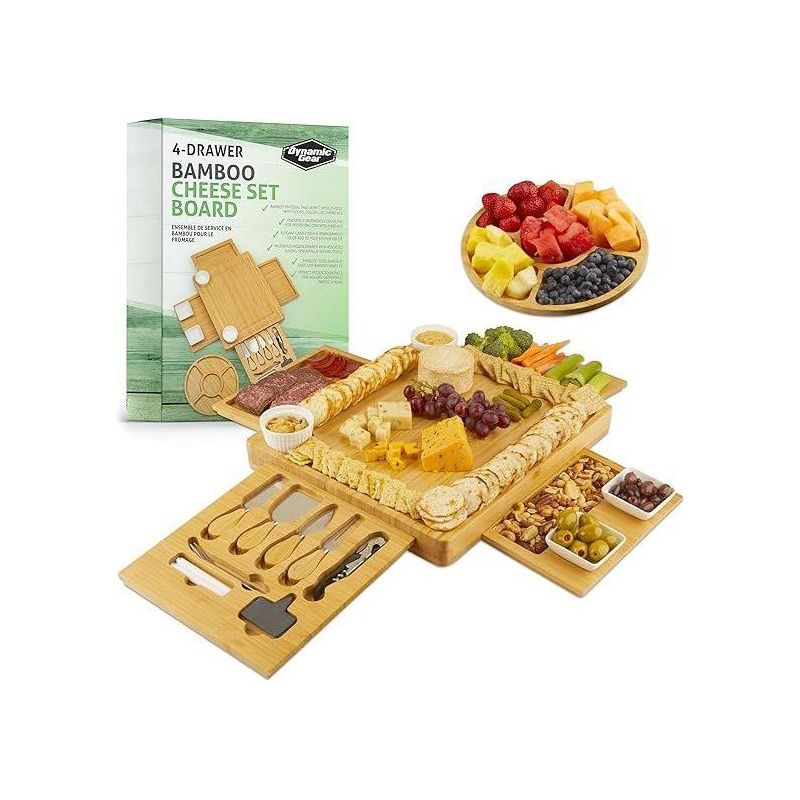 Expandable Bamboo Cheese Board Set with Stainless Steel Utensils