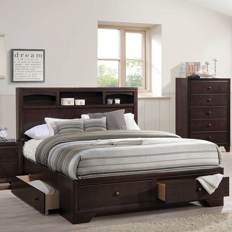 Queen-Sized Espresso Wood Frame Upholstered Bed with Bookcase and Storage Drawers