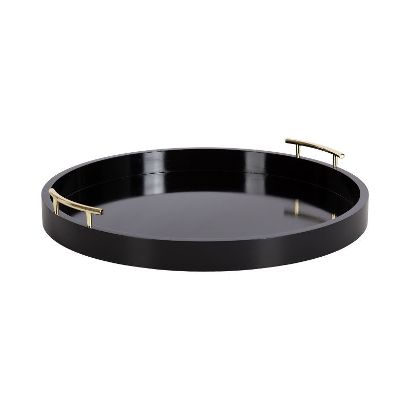 Black Round Wooden Tray with Gold Metal Handles, 22" Diameter