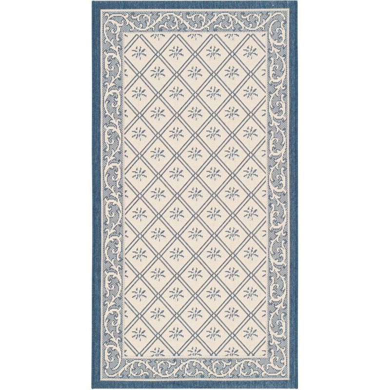 Navy and Beige Floral Border Rectangular Outdoor Rug