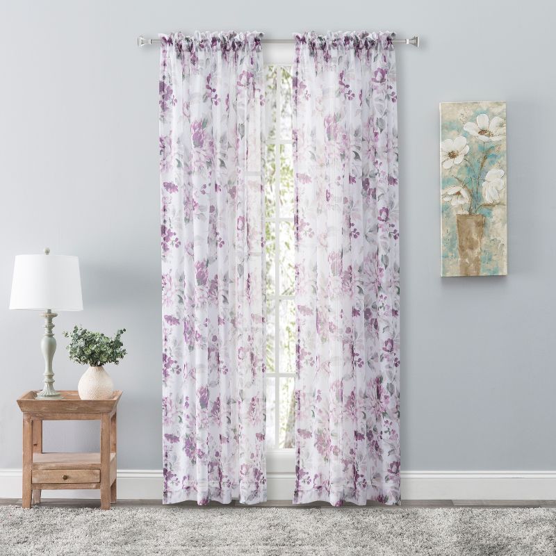 Berry and White Floral Sheer Rod Pocket Drape Panel 54x84