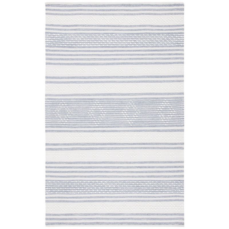 Ivory and Silver Striped Wool Cotton Flat Woven Rug