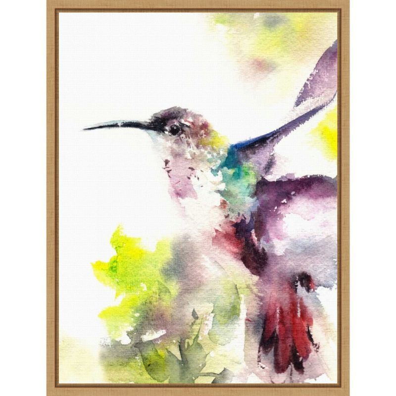 Vibrant Hummingbird Watercolor Canvas Print with Natural Frame