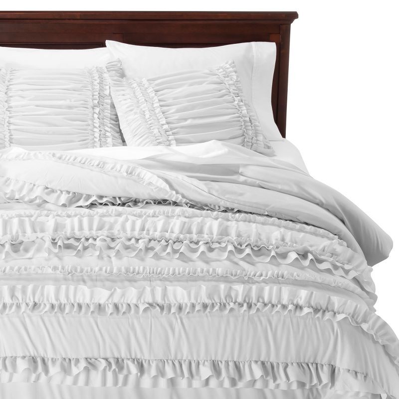 Belle White Microfiber Queen Ruffled Comforter Set