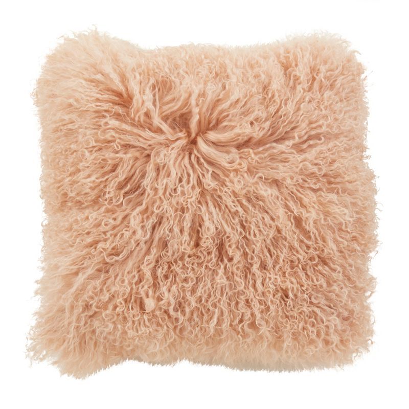 Peach Mongolian Lamb Fur Square Throw Pillow, 16" x 16"
