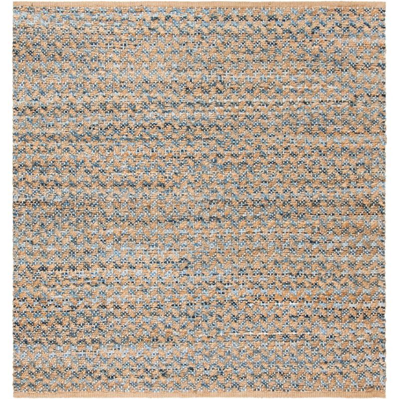 Handwoven Blue and Natural Jute Square Rug, 4' x 4'