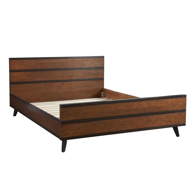 Mid-Century Walnut Queen Platform Bed with Striped Headboard