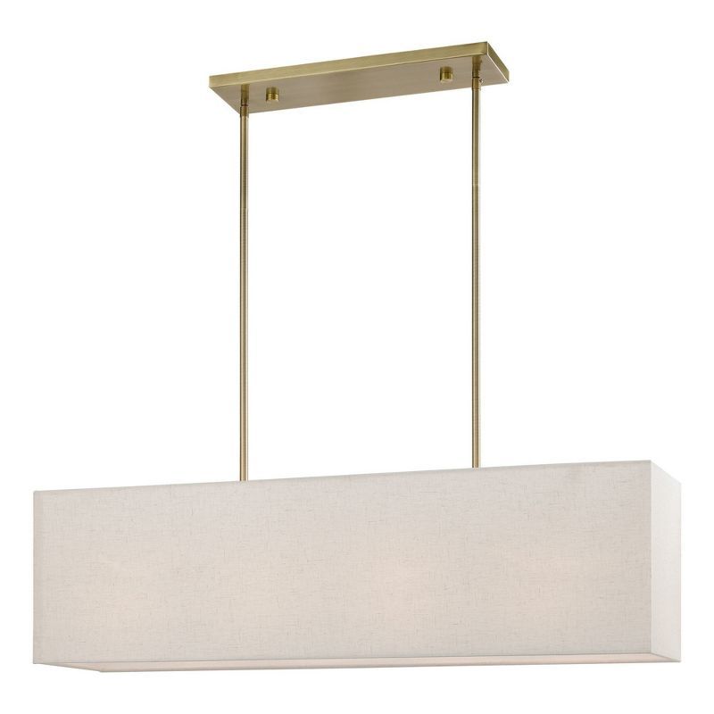 Antique Brass Linear Chandelier with Oatmeal Fabric Shade