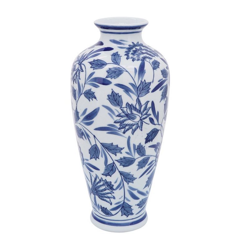 Blue and White Chinoiserie Ceramic Table Vase, 13"