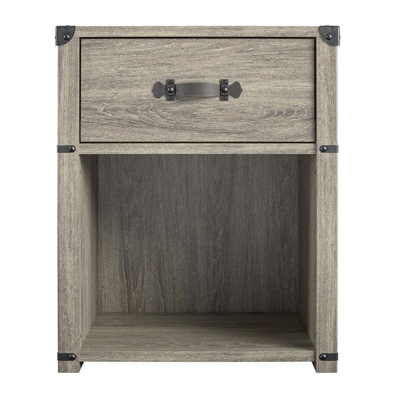 Gray Oak 1-Drawer Industrial Nightstand with Metal Accents