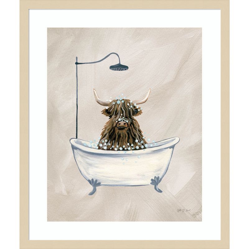 Highland Cow in Tub Beige Wood Framed Wall Art Print