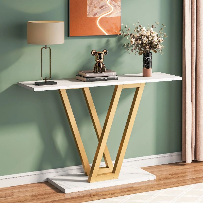 Gold and White Faux Marble Console Table with V-Legs