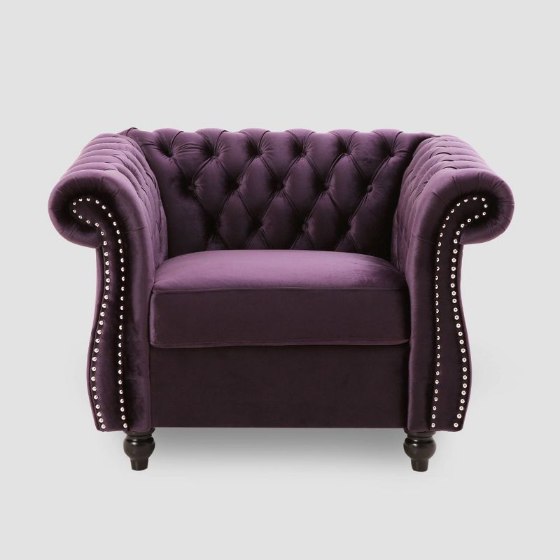 Blackberry Velvet Chesterfield Club Chair with Nailhead Accents