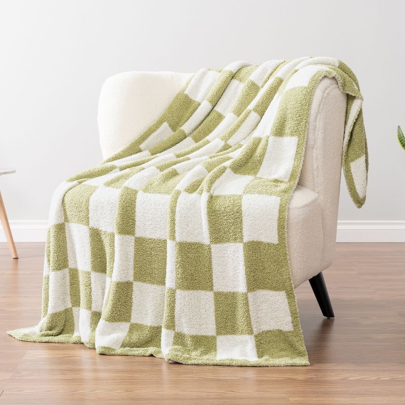 Sage Green and White Checkered Fleece Throw Blanket