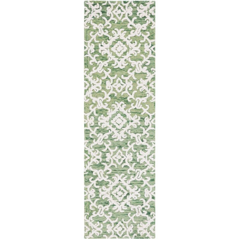 Handmade Green and Ivory Floral Wool Runner Rug, 2'3" x 8'