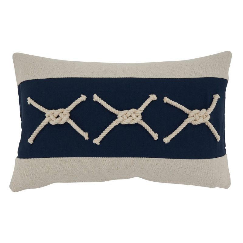 Navy Blue and Beige Cotton Rope Knots Lumbar Pillow Cover